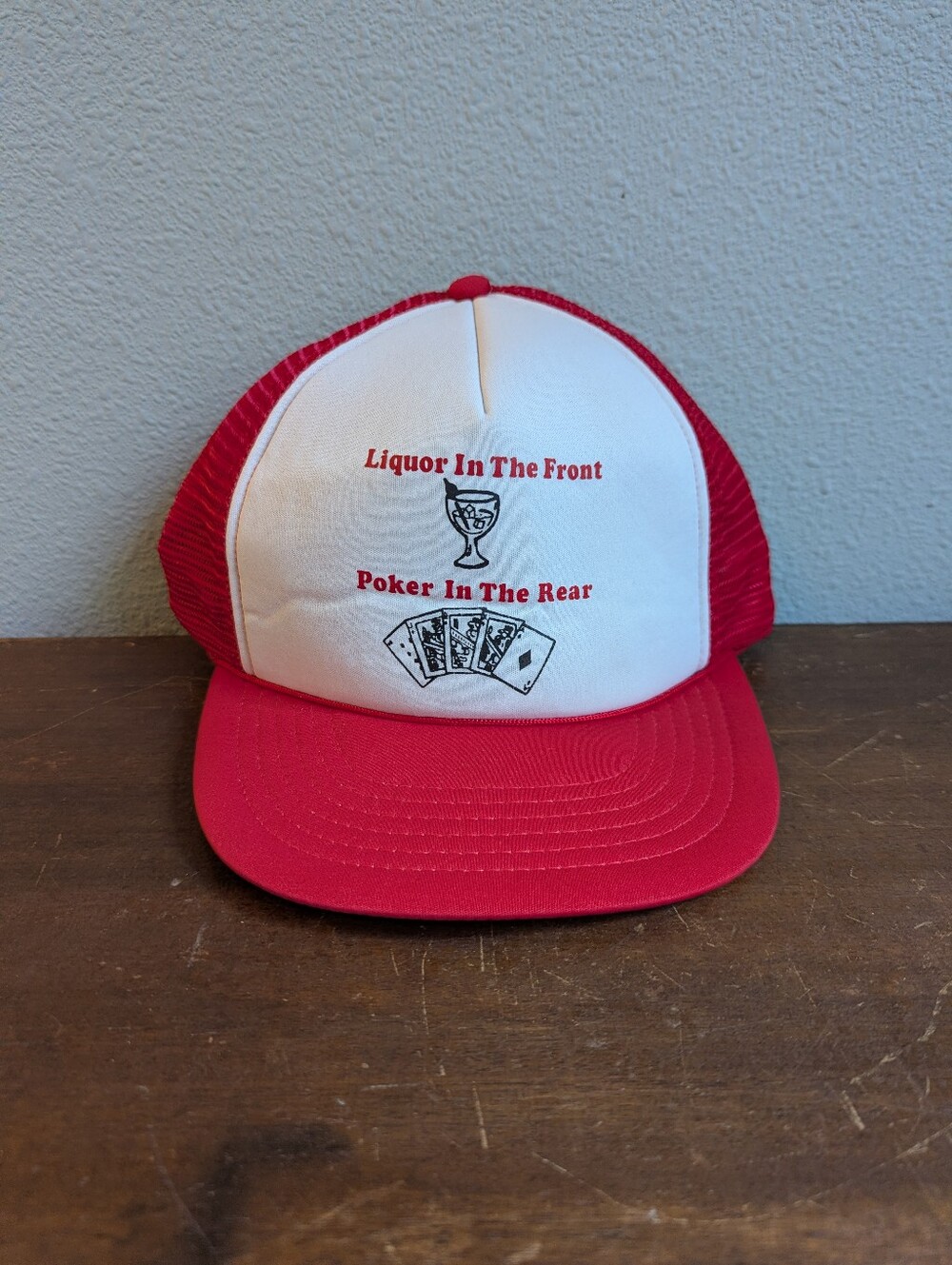 Vintage Trucker Hat Liquor In The Front Poker In The Rear Funny Joke Red Snap